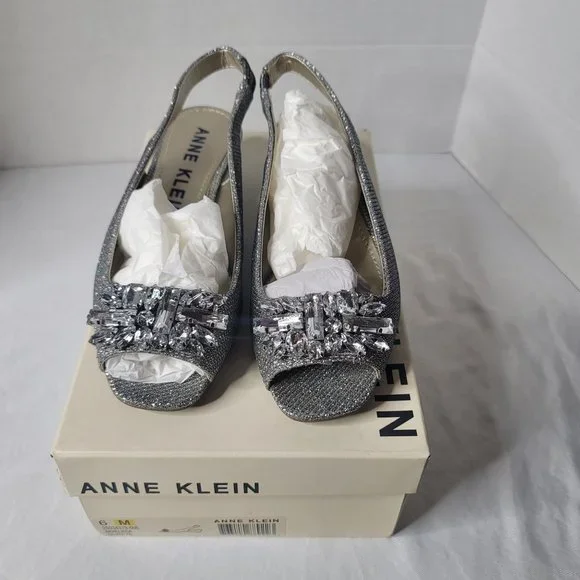 Anne Klein Women's Size 6 Metallic Silver Helissa Embellished Slingback Sandals - Picture 2 of 10